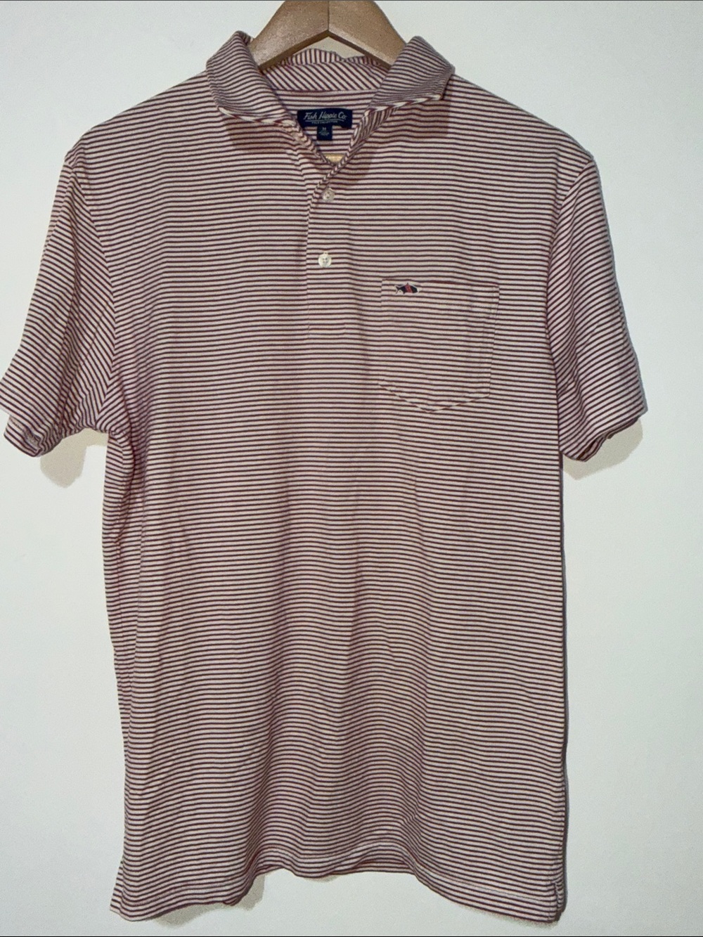 Fish Hippe Co. Men's Striped Polo Shirt - mauve and white size medium preppy